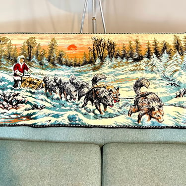 Vintage Italian Velvet Tapestry Dog Sledding, Winter Husky Alaskan Dog Sled Wall Hanging, Rug, Snow Scene w/ Blues, Pine Trees, Sunrise 