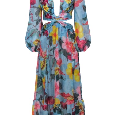 Patbo - Blue w/ Multi Color Hibiscus Floral Maxi Dress in &quot;Celeste&quot; Sz S