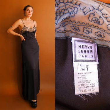 Vintage 90s Hervé Léger Beaded Gown/ 1990s Black Spagetti Strap Dress/ Size Small 