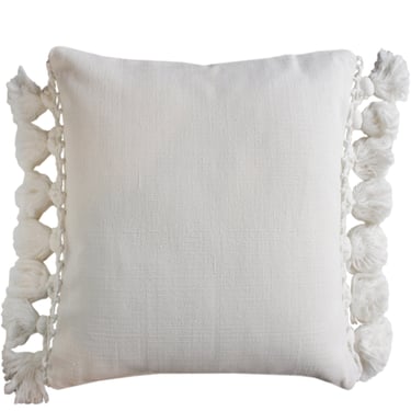 Cotton Canvas Pom Pillow, White