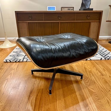 Authentic Herman Miller Black Leather Eames Ottoman 671 with Walnut Shell - Free Shipping 