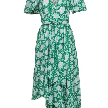 Mille - Kelly Green Floral Print Cotton Wrap Maxi &quot;Helena&quot; Dress Sz XS
