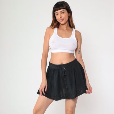 Indian Broomstick Skirt Black Embroidered Micro Mini Hippie Boho Skirt 00s Bohemian Vintage Festival Hippy Skirt Summer Medium Large 
