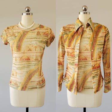 1970's Egyptian Print Twin Set Blouse and T-shirt bySalem 70s Disco Shirt 70's Women's Vintage Size Small 