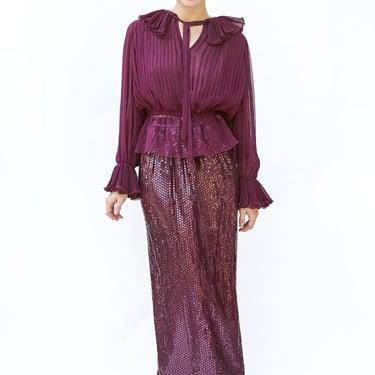 Oscar De La Renta Burgundy Sequin Skirt & Pleated Peplum Blouse Set 