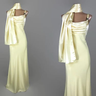 VINTAGE 90s Lemon Meringue Cocktail Prom Dress & Shawl | 1990s does 1930's Formal Gown | 90's Party Dress | Aspeed Small VFG 