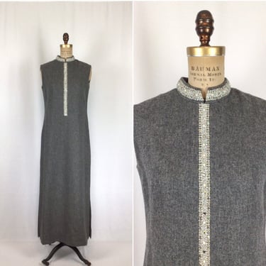 Vintage 60s dress | Vintage grey wool flannel rhinestone maxi dress | 1960s Nelly de Grab long dress 