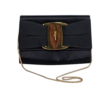 Ferragamo - Black Satin Bow Front Clutch w/ Thin Gold Chain Strap