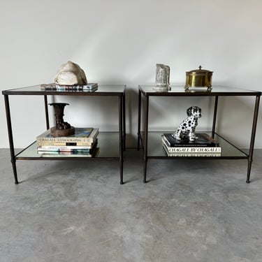 Hollywood Regency Two - Tier Bronze & Mirror Glass Top  Side  - Coffee Tables - A Pair 