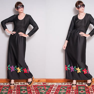 Vintage 1970's | Black | Embroidered | Floral | Maxi | Dress | S 