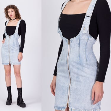 80s Denim Pinafore Mini Dress - Extra Small | Vintage Sleeveless Blue Jean Fitted Overall Grunge Dress 