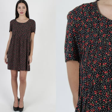 Vintage 90s Black Calico Dress Tiny Red Floral Festival Grunge Black Simple Mini 