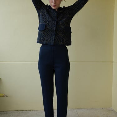 Hanae Mori Wool Knit Women's Suit / Vintage Designer Cardigan and Trouser Pants Set / Navy Blue and Gold Intarsia Knit 