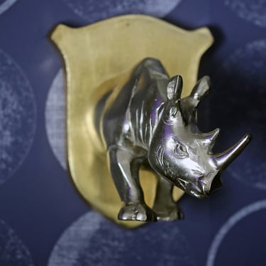 Vintage Rhino Wall Mount – Large Heavyweight Metal & Brass Faux Taxidermy – Safari Decor 
