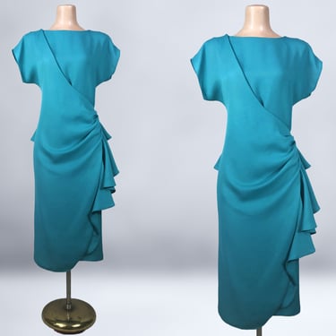 VINTAGE 80s Turquoise Draped Hip Swag Peplum Wrap Dress By Vicky Vaughn Size 11 | 1980s Does 40s New Wave Dress | VFG 