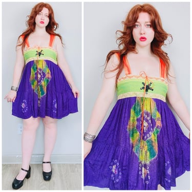 1990s Vintage Green and Purple Rayon Hippie Babydoll Dress / 90s Empire Waist Tie Dye Tank Dress / Size Large 