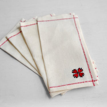 Vintage White Linen Napkin Set of 4 with Red Embroidery 