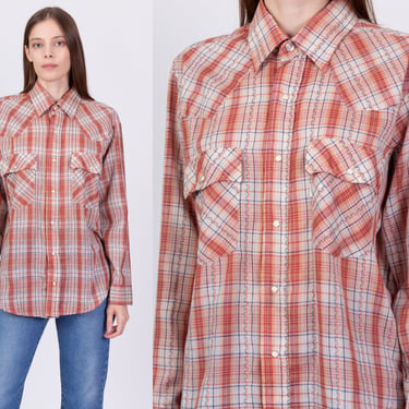 70s 80s Levi's Plaid Pearl Snap Western Shirt - Unisex Large | Vintage Button Up Long Sleeve Collared Trop 