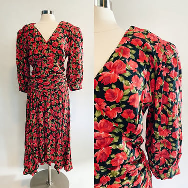 Vintage John Roberts Floral Wrap Dress 1980s 