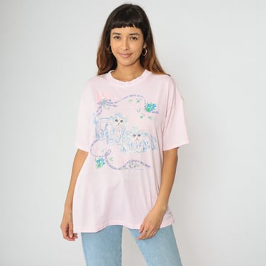 Vintage Cat T-Shirt 90s Long Haired Persian Graphic Tee Pastel Baby Pink Floral Retro Animal TShirt Single Stitch 1990s Extra Large xl 