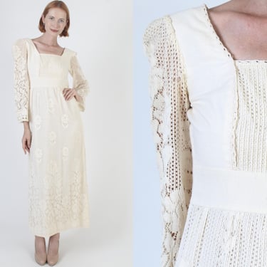 Romantic Cut Out Bohemian Wedding Dress, Sheer Crochet Bell Sleeves, Cream Floral Lace Prairie Gown, 70s Bridesmaids Wedding Maxi 