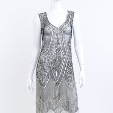 Metallic Pearly Beaded Fringe Flapper Dress