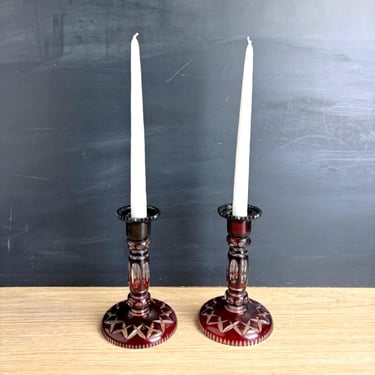 Bohemian ruby red cut to clear candlesticks - a pair - vintage decor 