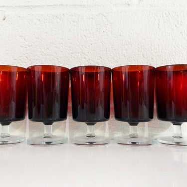 Vintage Red Glasses Set of 5 Made in France Goblets Pedestal Glass Wine Cocktail Retro Home Kitchen MCM 1970s 