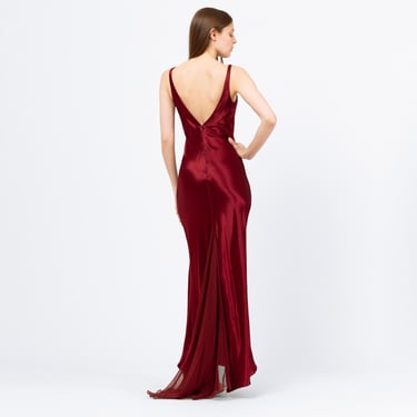 Vintage 90s Burgundy Satin Low Back Evening Gown - XS to Small | Zum Zum By Niki Livas Sleeveless Bias Cut Chiffon Train Formal Maxi Dress 