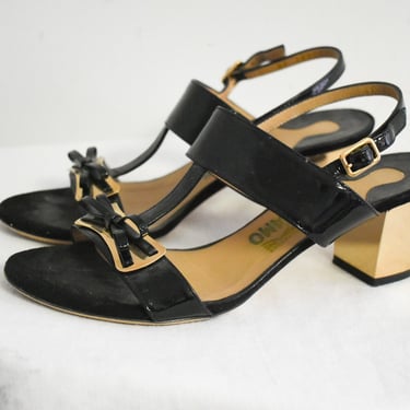 1980s Ferragamo Black and Metallic Gold Heeled Sandals, Size 6 1/2B 