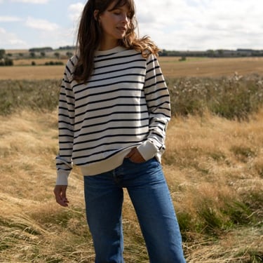 Ivy Nancy Oversized Organic Cotton Breton Sweatshirt - Ecru/Navy  on Garmentory