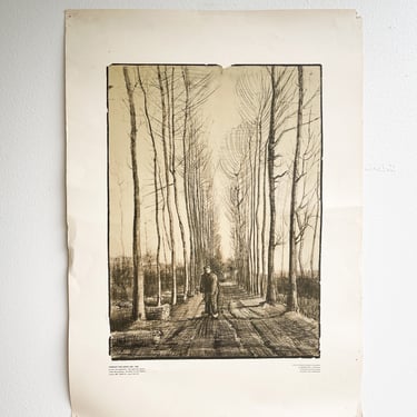 Van Gogh Avenue of Poplars Vintage Offset Lithograph 1970s Exhibition Poster Stedelijk Museum Amsterdam Lithography to Frame Black and White 