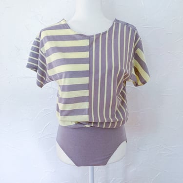 80s T-Shirt Style Gray and Yellow Striped Bodysuit by Danskin | Medium 