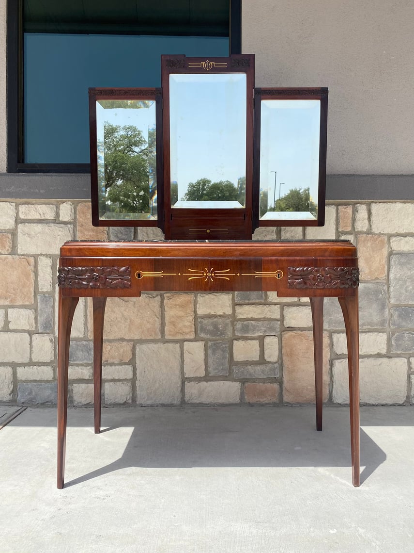 Italian Art Nouveau Vanity with Triple Beveled Mirror & Inset Marble