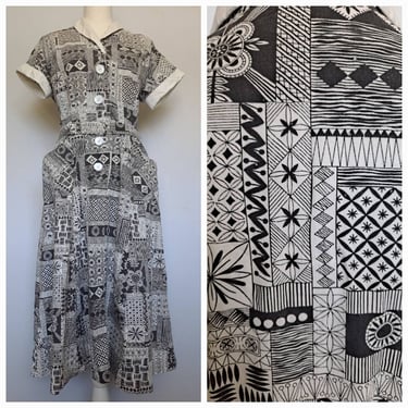 Vintage Early 1950's Black and White Shirtwaist Novelty Dress Amazing Print 29