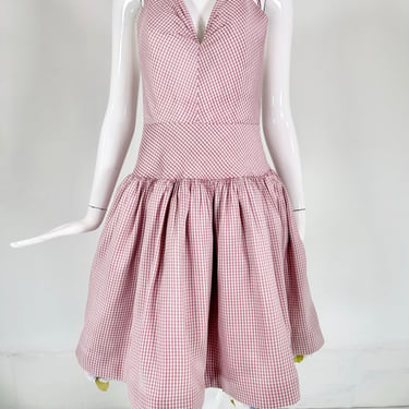 SOLD Bill Blass Runway Pink Silk Check Halter Dress with Pansy Border Under Slip 2006