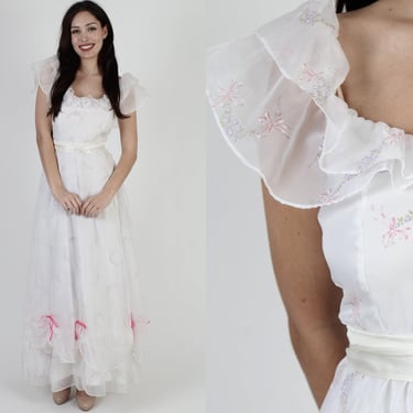 Vintage 70s Floral Prairie Wedding Dress Chiffon Ruffle Gown Off Shoulder Maxi Dress 