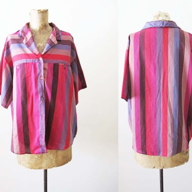 Vintage 70s Pink Multi Color Stripe Camp Shirt M L  - 1970s Colorful Short Sleeve Button Up Top 