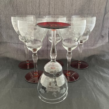 Set of 2 Art Deco Floral Etched Crystal Tall Large 10 OZ Water Wine Goblets, Red Base Foot Clear Bowl, Weston, Mid Century Modern Wine Glass 