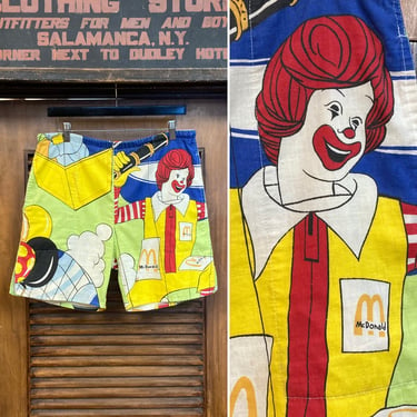 Vintage 1980’s w34 Pop Art McDonald’s Fast Food Cotton Print Cartoon Shorts, 80’s Vintage Clothing 