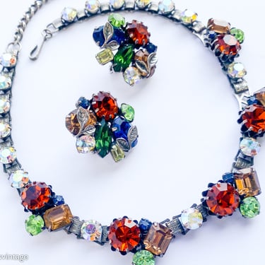 Vendôme | 1940s Rhinestone Necklace Earrings Jewelry Set | 40s Autumn Rhinestone Evening Necklace Set | Vendôme 