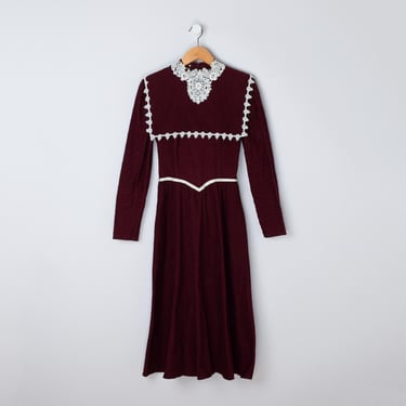 Vintage 70s Gunne Sax Wine-Red Corduroy Dress with Lace - prairie, seventies, made in usa - Women's XS 