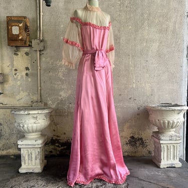 Vintage 1930s Pink Silky Rayon Maxi Dress Sheer Net Balloon Sleeves Ruffle Trim