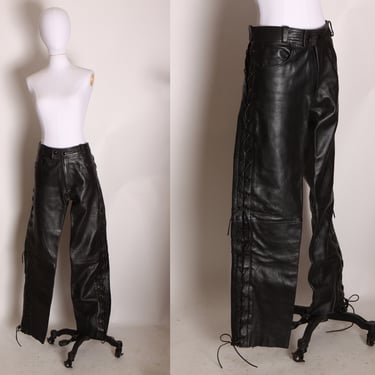 1980s Black Leather Lace Up Sides Motorcycle Biker Pants by First Genuine Leather -XL 
