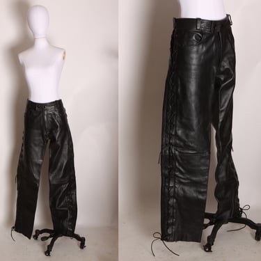 1980s Black Leather Lace Up Sides Motorcycle Biker Pants by 
