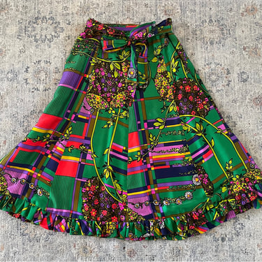 Vintage ‘60s ‘70s Alice of California brightly colored floral skirt | hippie, neon rainbow, maximalist, S 