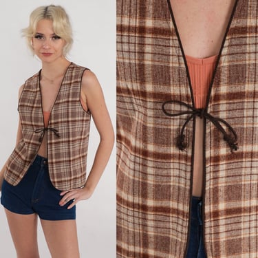 Plaid Wool Vest 70s Reversible Vest Top Brown Checkered Grey Open Tie Front Sleeveless Boho Preppy Professor Bohemian Vintage 1970s Small S 