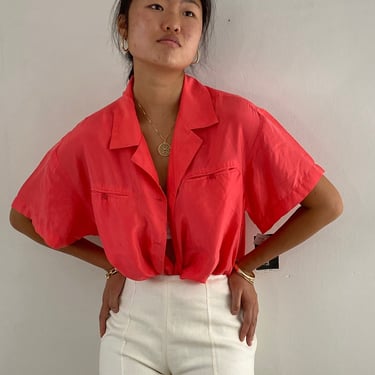 90s silk pocket shirt / vintage coral salmon silk oversized tissue thin short sleeve sandwashed silk shirt blouse | Extra Large 