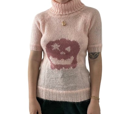Vintage Y2K Pink Hand Embroidered Pumpkin Fuzzy Turtleneck Short Sleeve Sweater 