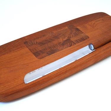 New Vintage 16" Teak End Grain Bread Cutting Board with Knife by Lauffer, Germany 